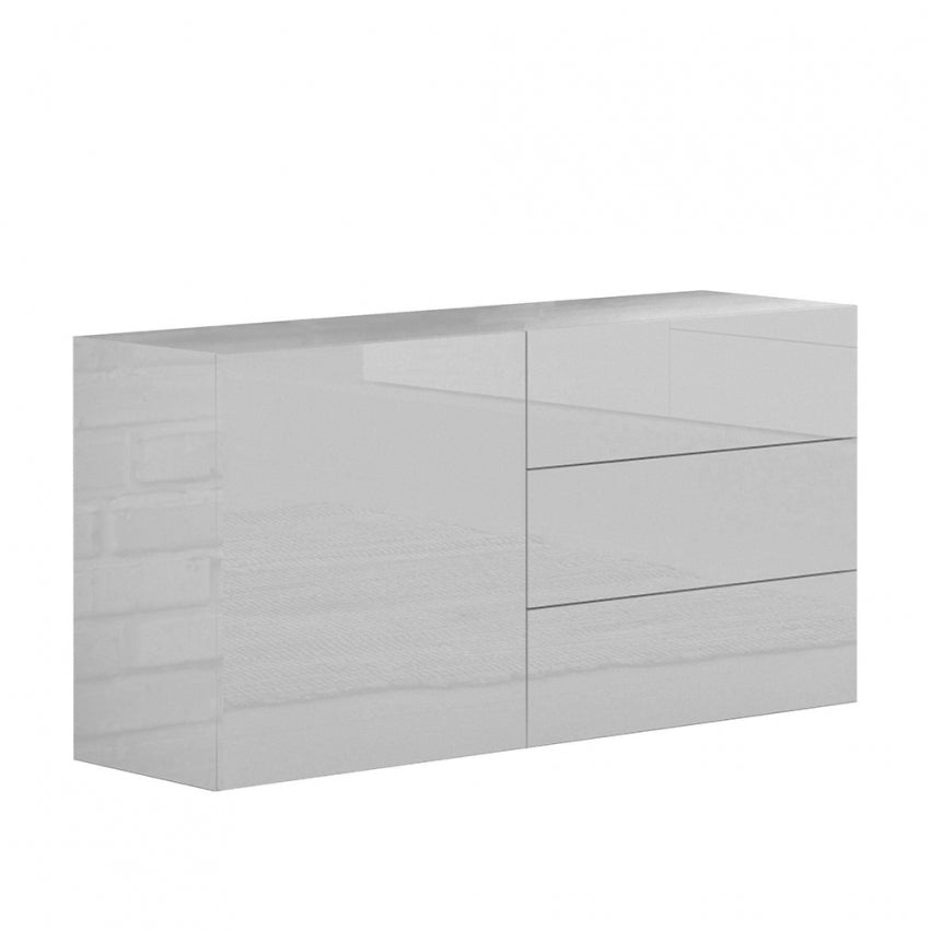 Credenza moderna con 1 anta e 3 cassetti in bianco lucido METIS