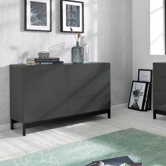 Credenza Moderna 1 Anta + 3 Cassetti Metis con Piede in Metallo Antracite Laccato