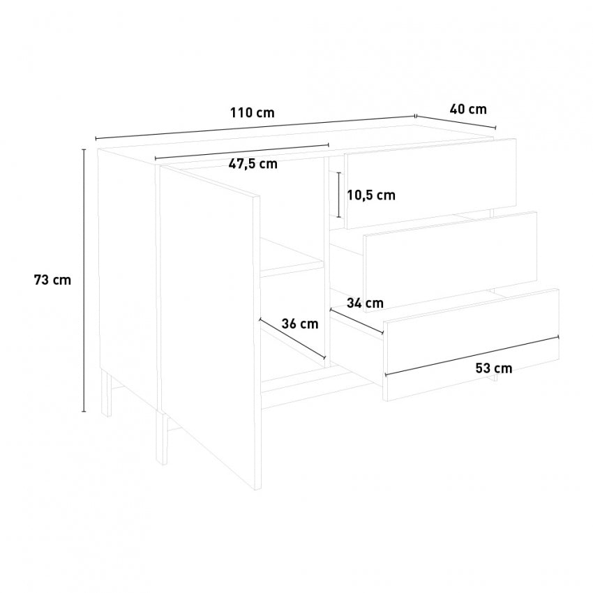 Credenza moderna METIS con piede in metallo bianco lucido e 1 anta + 3 cassetti