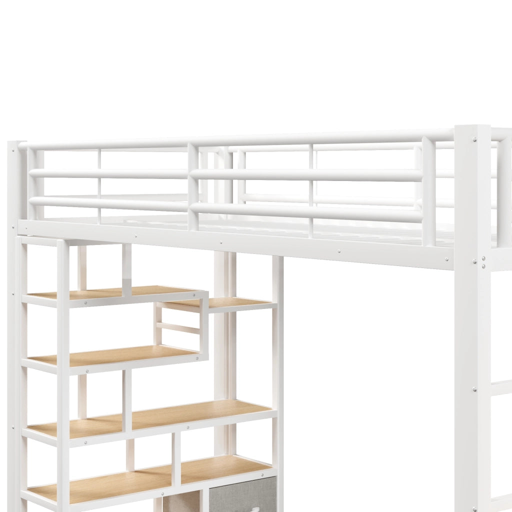 Letto a soppalco 90x200 cm con cassetti in tessuto; spazio sottostante; LED; ripiano; gradini e parapetto; metallo bianco