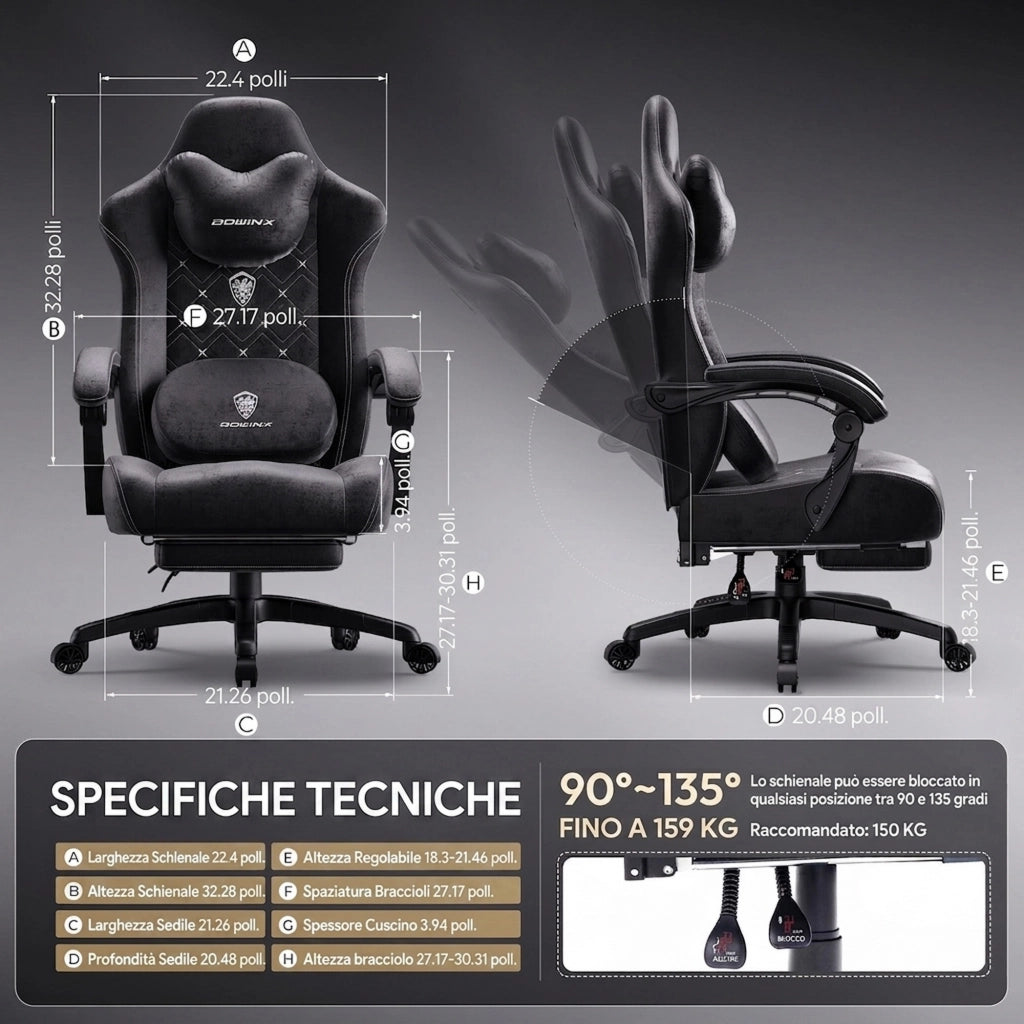 Sedia da Gaming | Funzioni di riscaldamento e massaggio, supporto lombare, poggiapiedi, materiale in tessuto, neroc