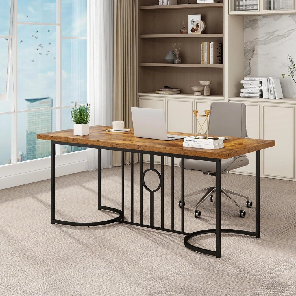 Tavolo da Pranzo da 180 cm per 6-8 Persone, Tavolo Rettangolare con Piano in Stile Legno, Struttura Geometrica in Metallo Robusta, Grande Tavolo da Fattoria per Cucina ed Ufficio