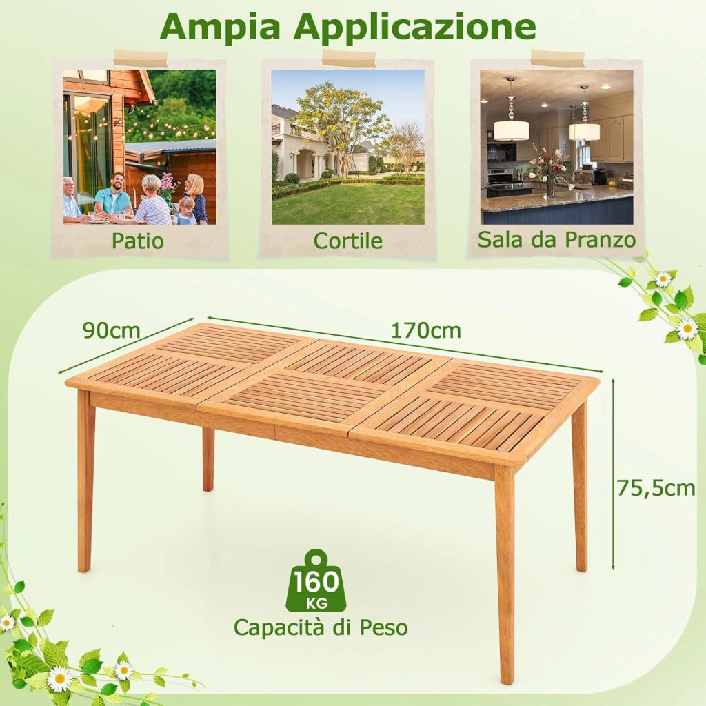 Tavolo Pranzo da Esterno 170 cm, con Foro per Ombrellone 5 cm, Tavolo Giardino in Legno Acacia a 6 Posti, per Giardino Patio, Portata 160 kg, 170 x 90 x 75,5 cm