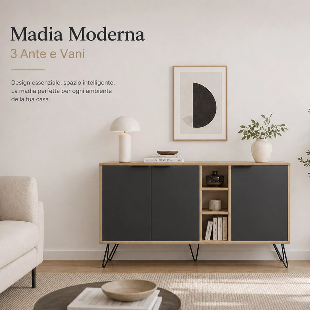 Madia Moderna Credenza con 3 Ante e Vani a Giorno 142x83 cm Rovere e Antracite