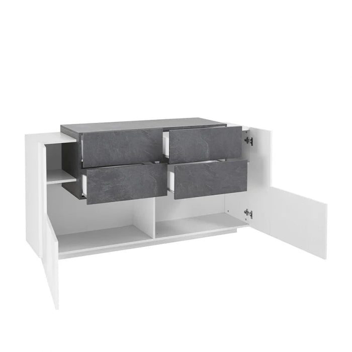 Credenza Moderna New Coro con 2 Ante Battenti e 4 Cassetti Bianco Ardesia