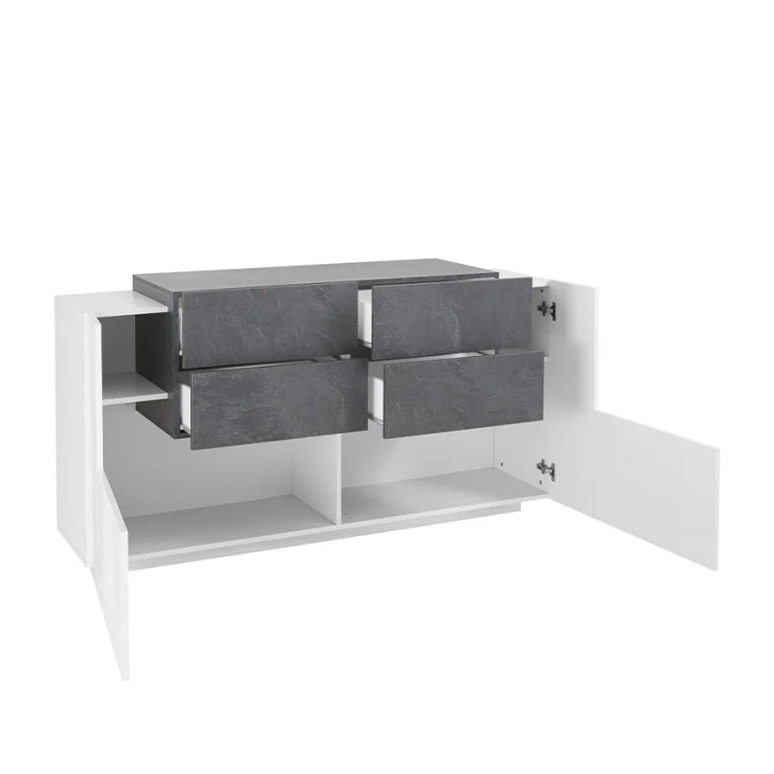 Credenza Moderna New Coro con 2 Ante Battenti e 4 Cassetti Bianco Ardesia