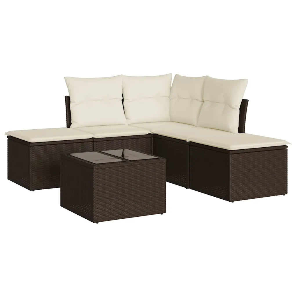 Set Divano da Giardino 6 pz | Set Salotto da Giardino con Cuscini Marrone in Polyrattan
