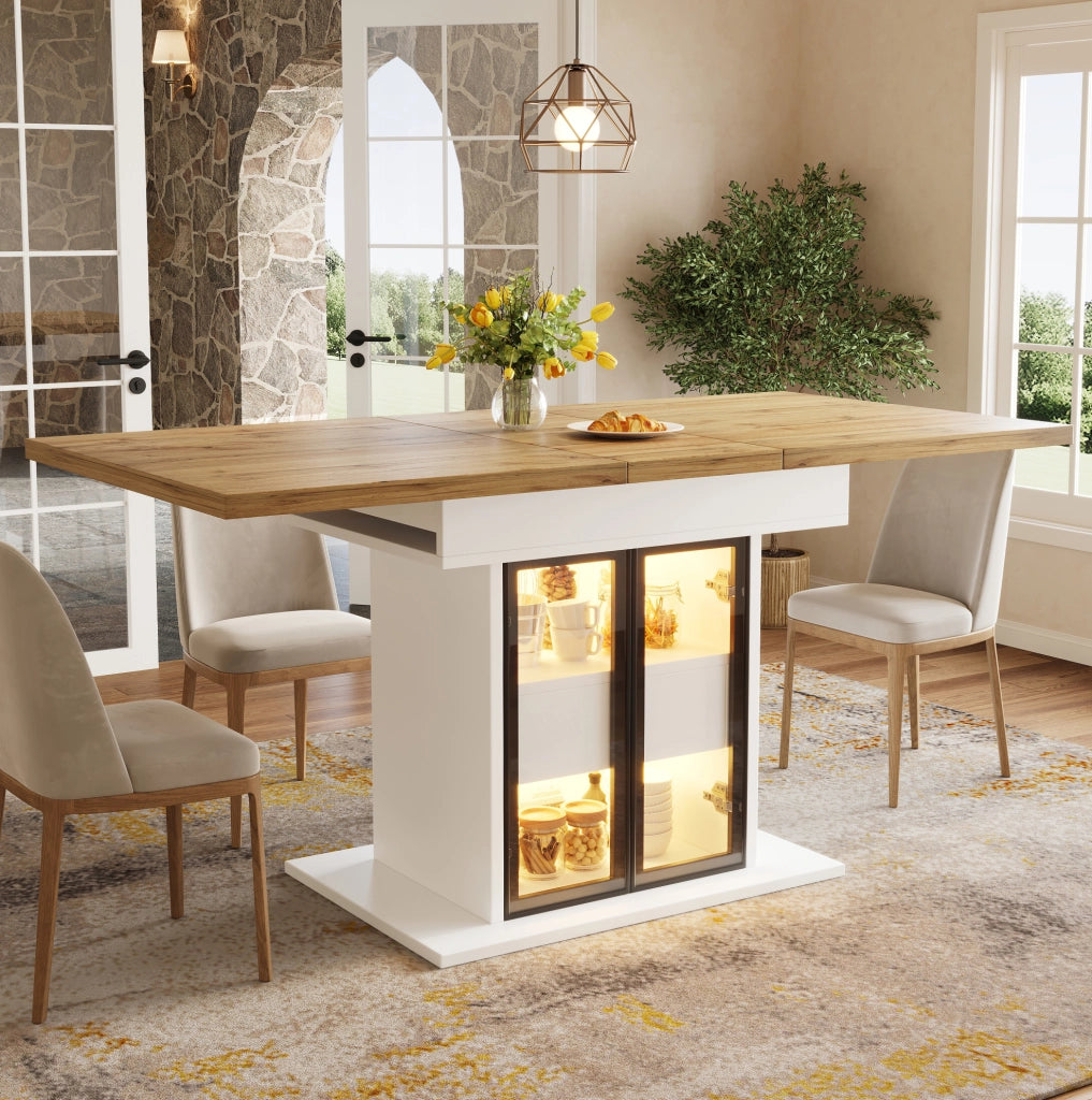 Tavolo allungabile da 110 a 140 cm con contenitore e luci LED; MDF e metallo; bianco