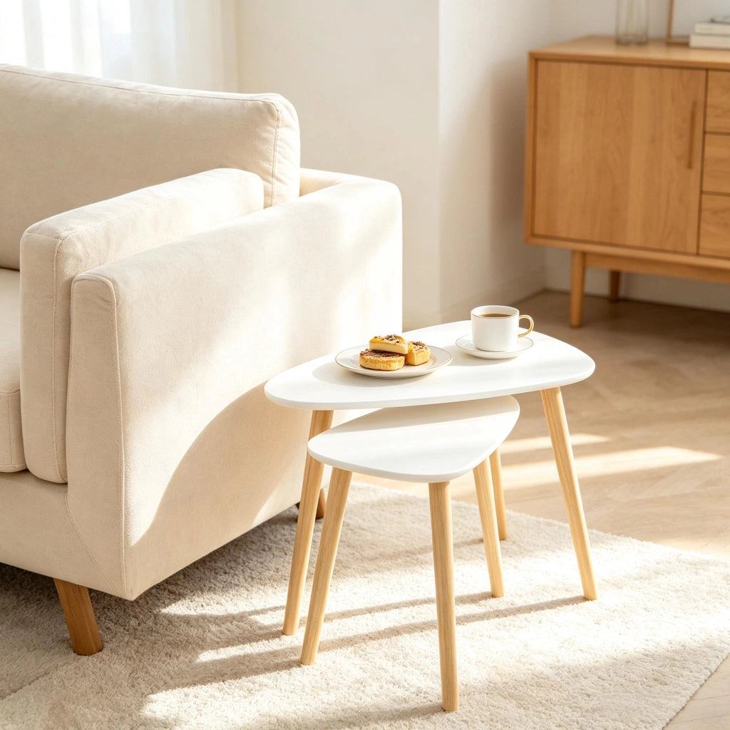 Set di tavolini bassi modulari con 2 piani e 3 vani, per soggiorno, in MDF e legno di pino, bianco naturale