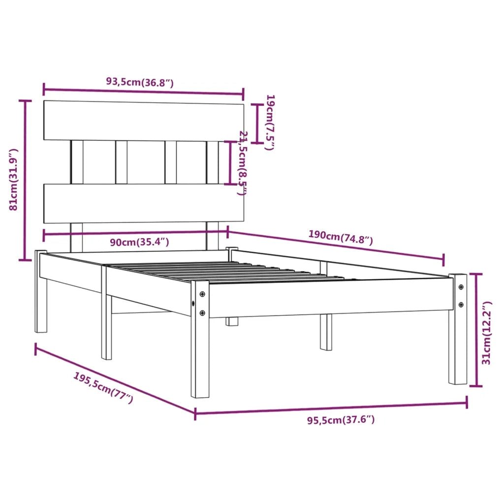 Letto singolo | Letto per adulti | Giroletto in Legno Massello 90x190 cm Single