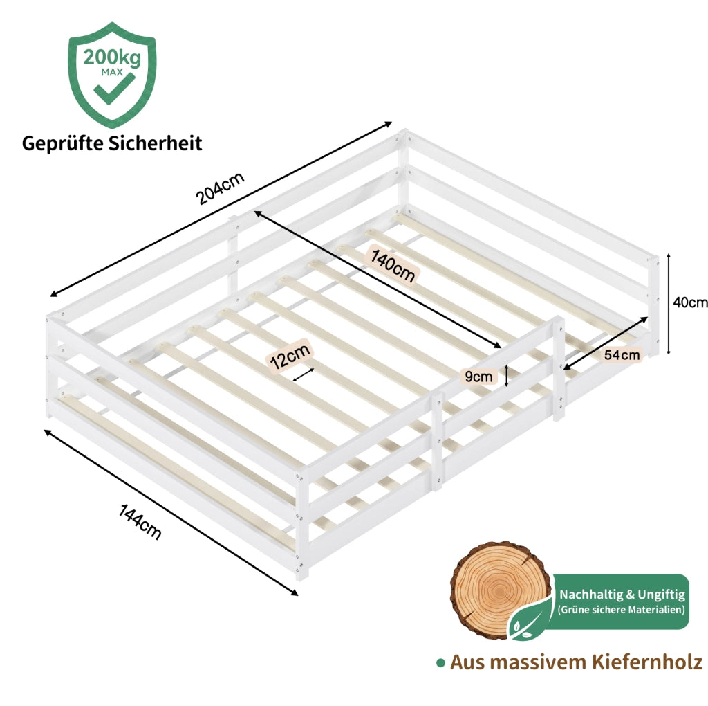 Letto Montessori 140x200 cm con sponde su 4 lati in legno di pino bianco