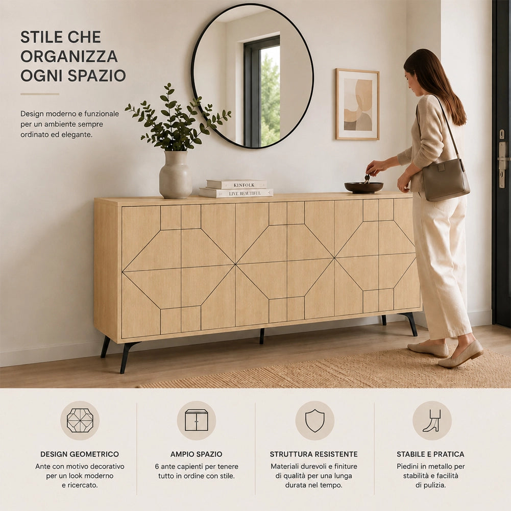 Madia con 6 Ante Credenza Design Geometrico Moderno in Legno 184x77 cm Quercia