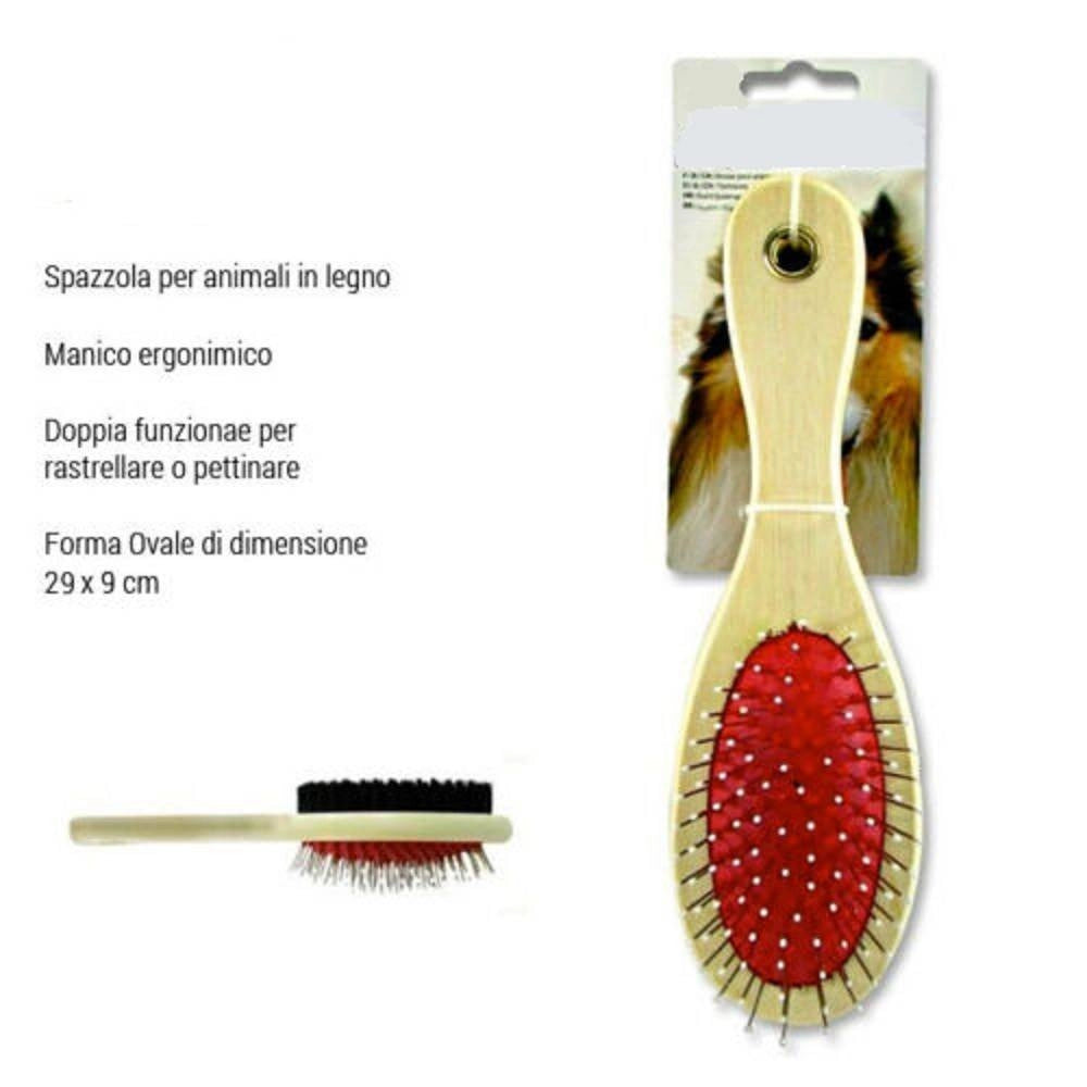 Trade Shop - Spazzola Doppia Per Cani Animali Gatti Rastrella Pettina 29x6 Cm Ovale In Legno -