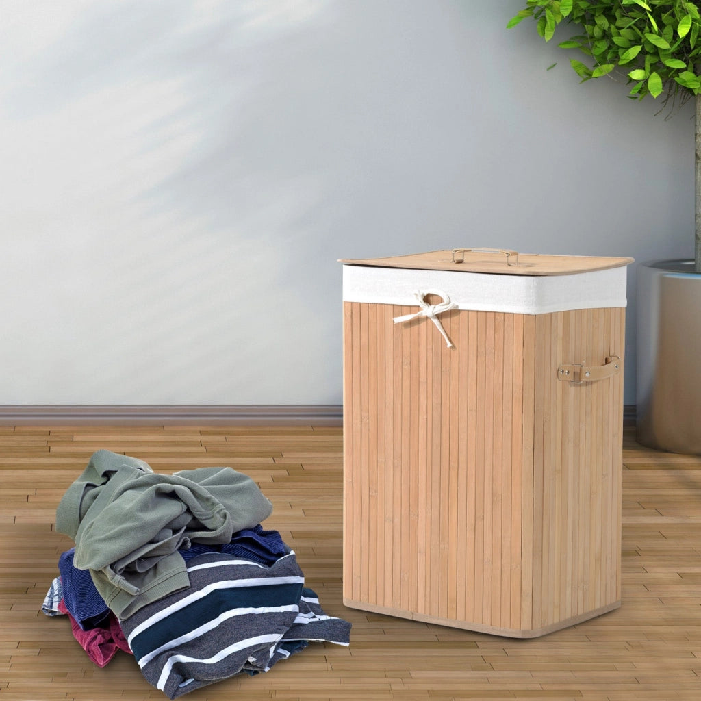 Cesta Portabiancheria 40x30x60 cm in Bambù con Coperchio e Fodera Rimovibile