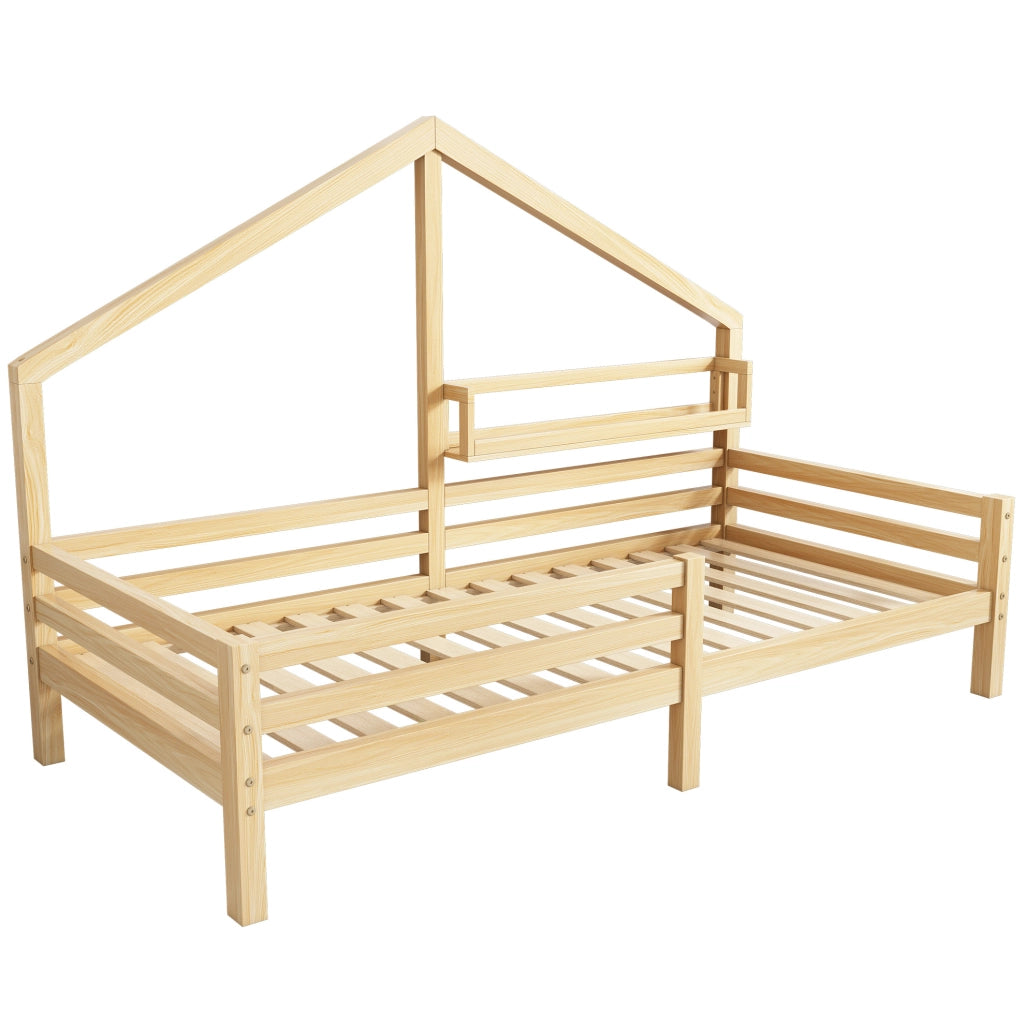Letto a casetta per bambini con libreria integrata 90x200 cm in pino naturale