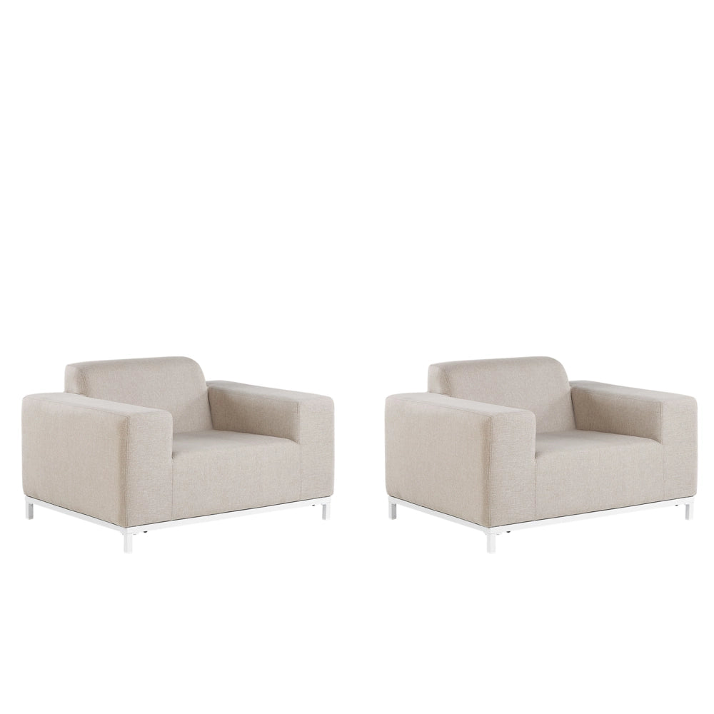 Set di 2 poltrone da giardino tessuto beige gambe alluminio bianco tappezzeria interni ed esterni mobili resistenti agli agenti atmosferici