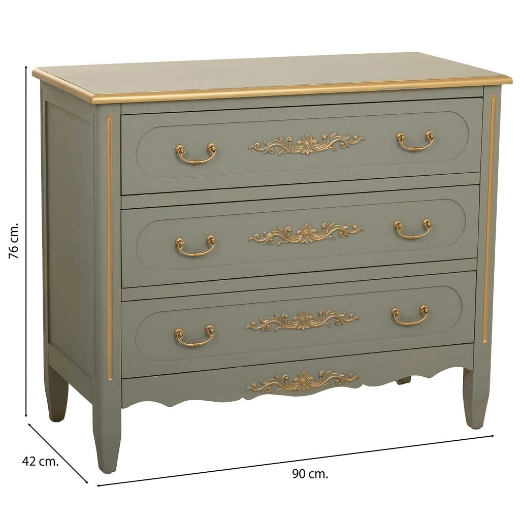 Cassettiera in legno con 3 cassetti verdi, 90x42x76h cm