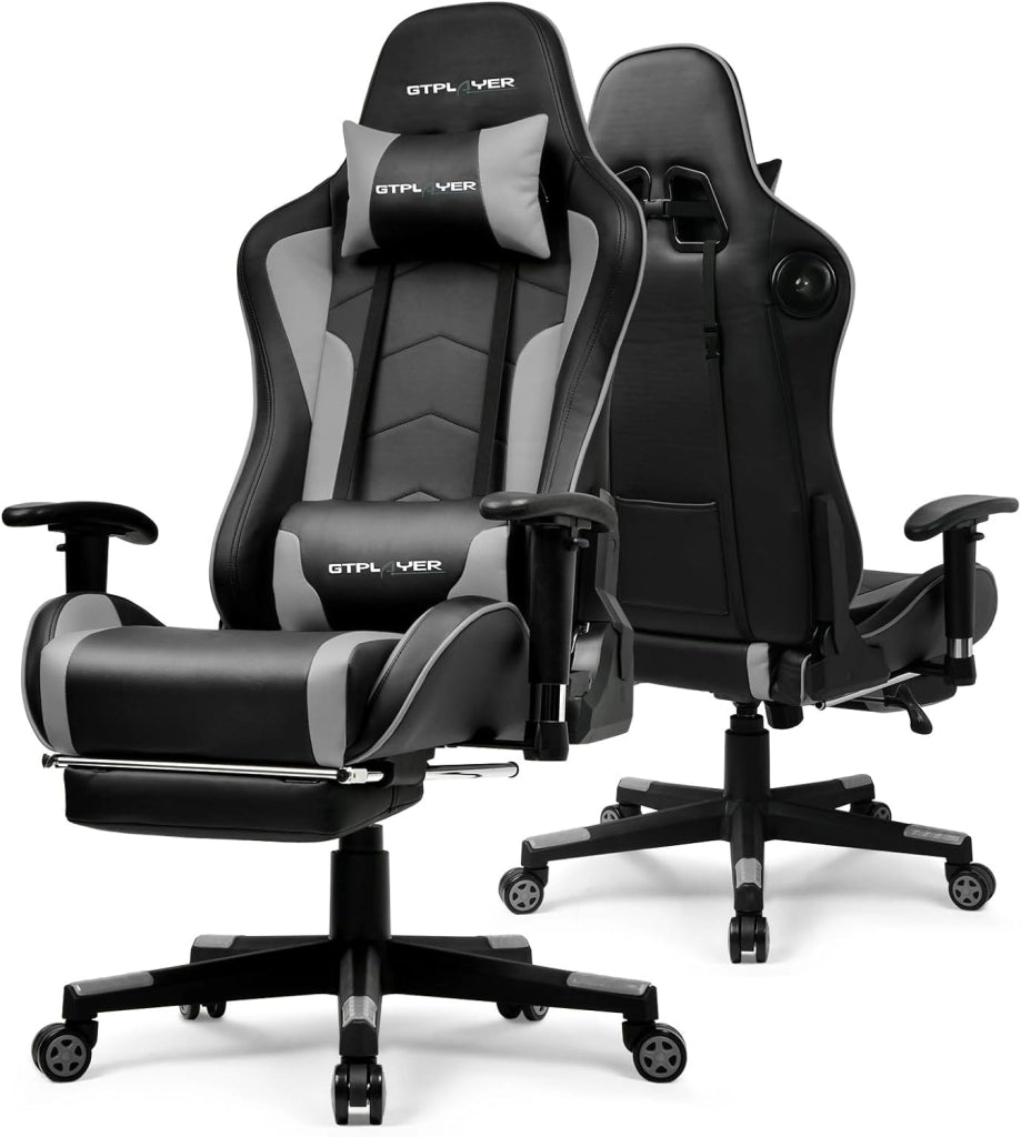 Sedia da gioco con poggiapiedi, altoparlante Bluetooth, sedia da gioco, ergonomica, sedia da ufficio, sedia da scrivania con barrières Réglables, 200 kg, grigio