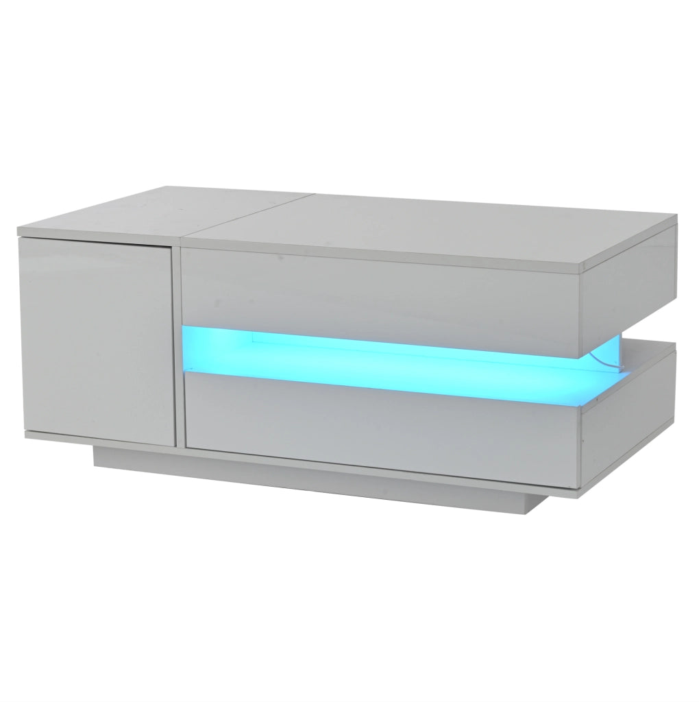 Tavolino da salotto alzabile con LED; cassetto e vano contenitore 90x50x34;5 cm in truciolare bianco