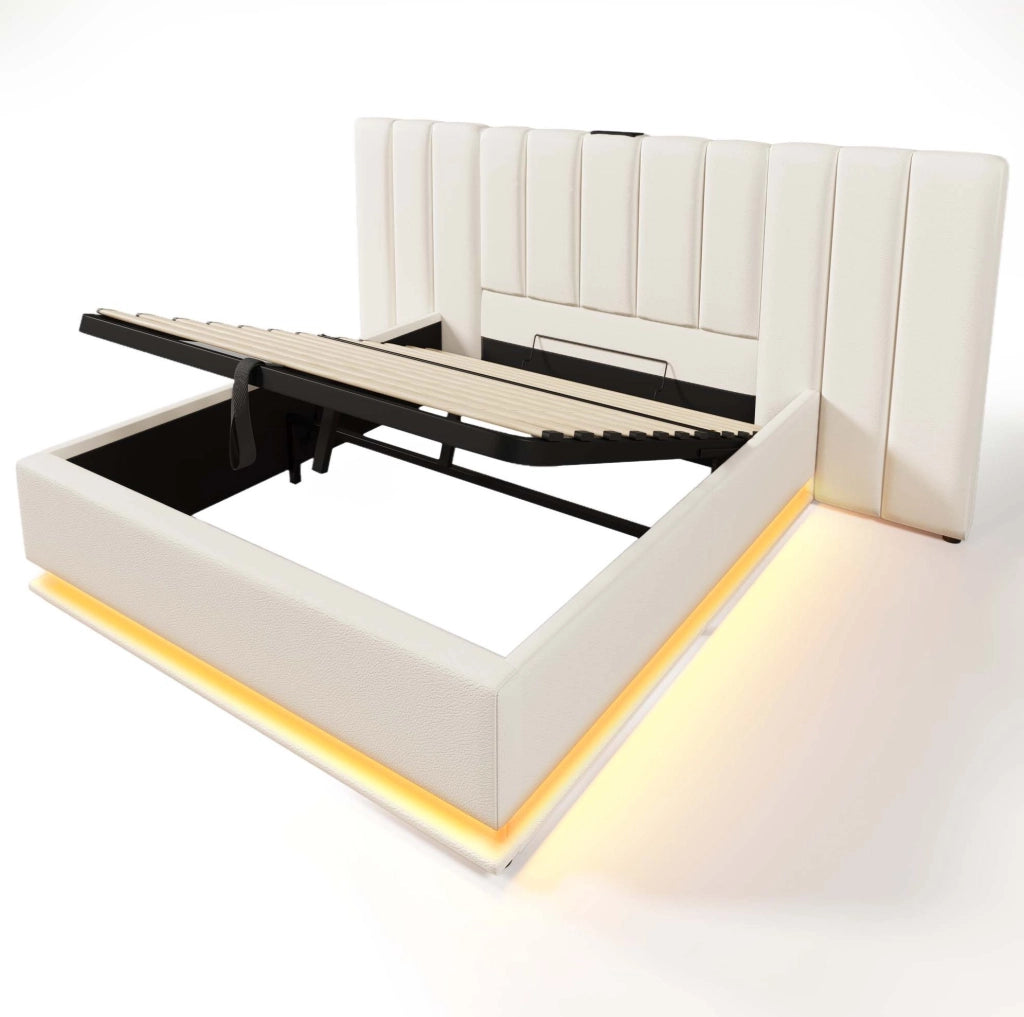 Letto matrimoniale imbottito 160x200 cm con contenitore; LED 360掳; USB e Type-C; bianco