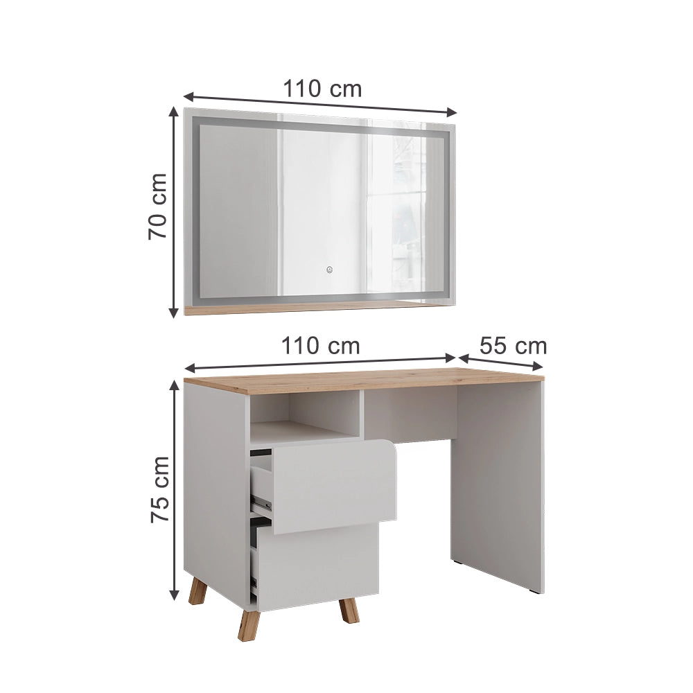 Vicco Tavolo da toeletta Bianco/Artisan 110 cm con specchio a LED