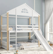 Letto a castello con finestra; scivolo e scala angolare 90x200 cm; bianco e naturale