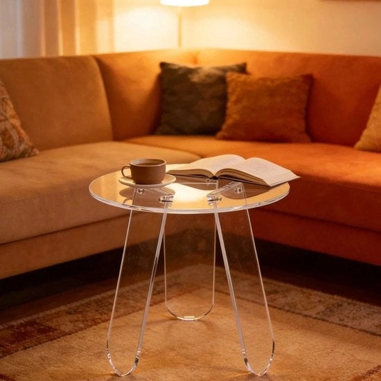 Bijzettafel Acryl 18 Pollici, Ronda, con Copertura PVC, Piedi a Treccia in Acrilico Transparente