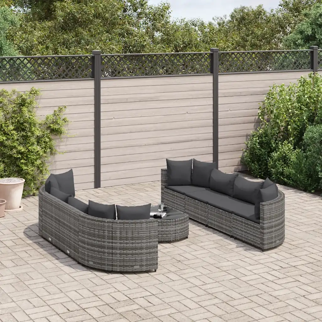Set Divano da Giardino 9 pz con Cuscini Grigio in Polyrattan