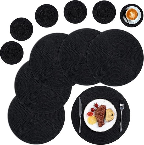 Set di 6 piatti rotondi in tessuto intrecciato - tappeti da tavolo lavabili in nero - resistente al calore - per cucina tavolo da pranzo ristorante in casa