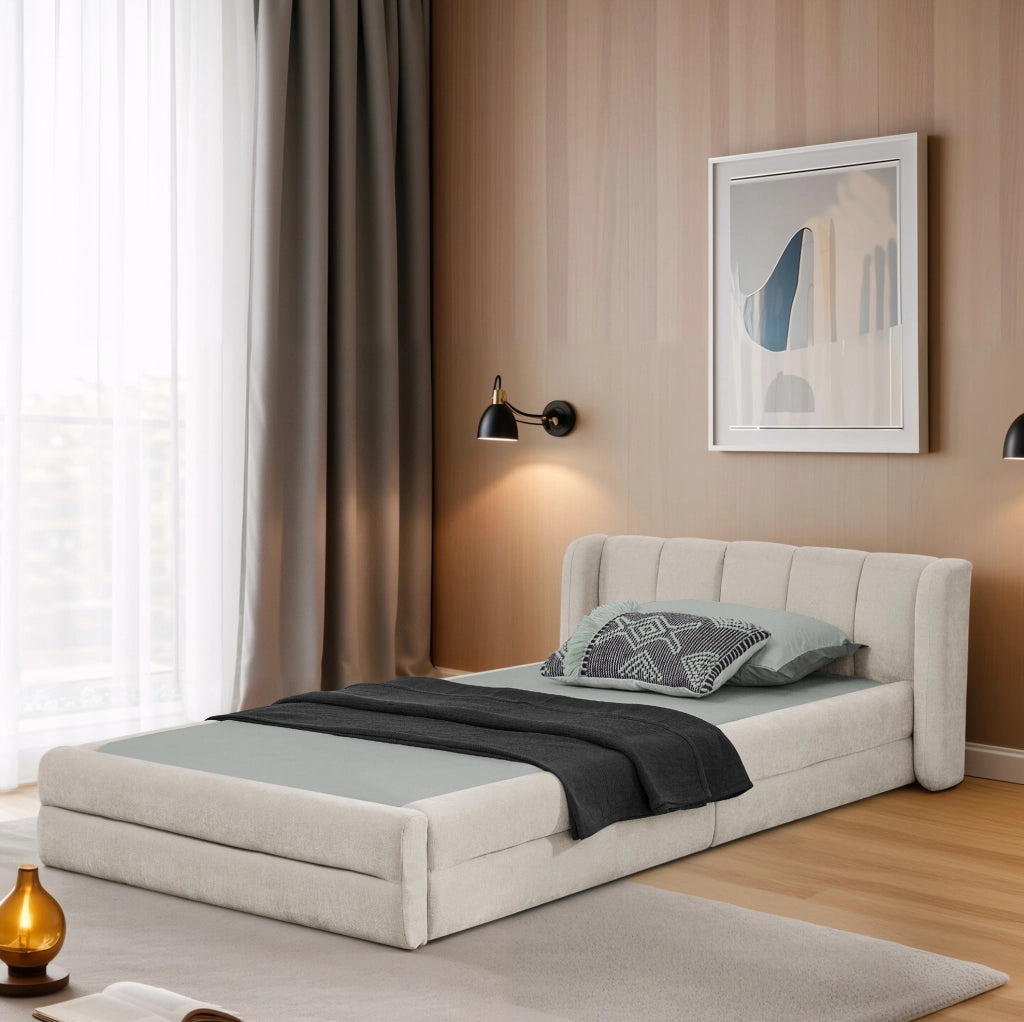 Letto 90x200 cm con testiera ergonomica e struttura stabile in chenille beige