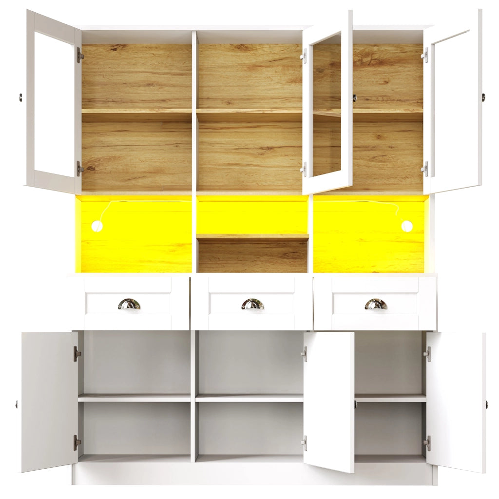 OKWISH Credenza da cucina alta con 6 ante e 3 cassetti, ripiani regolabili e LED, per cucina, MDF, 140 x 40 x 175 cm