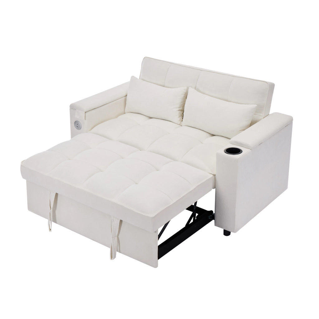 Divano letto convertibile con schienale regolabile porta USB tavolino nascosto e portabicchieri in tessuto beige