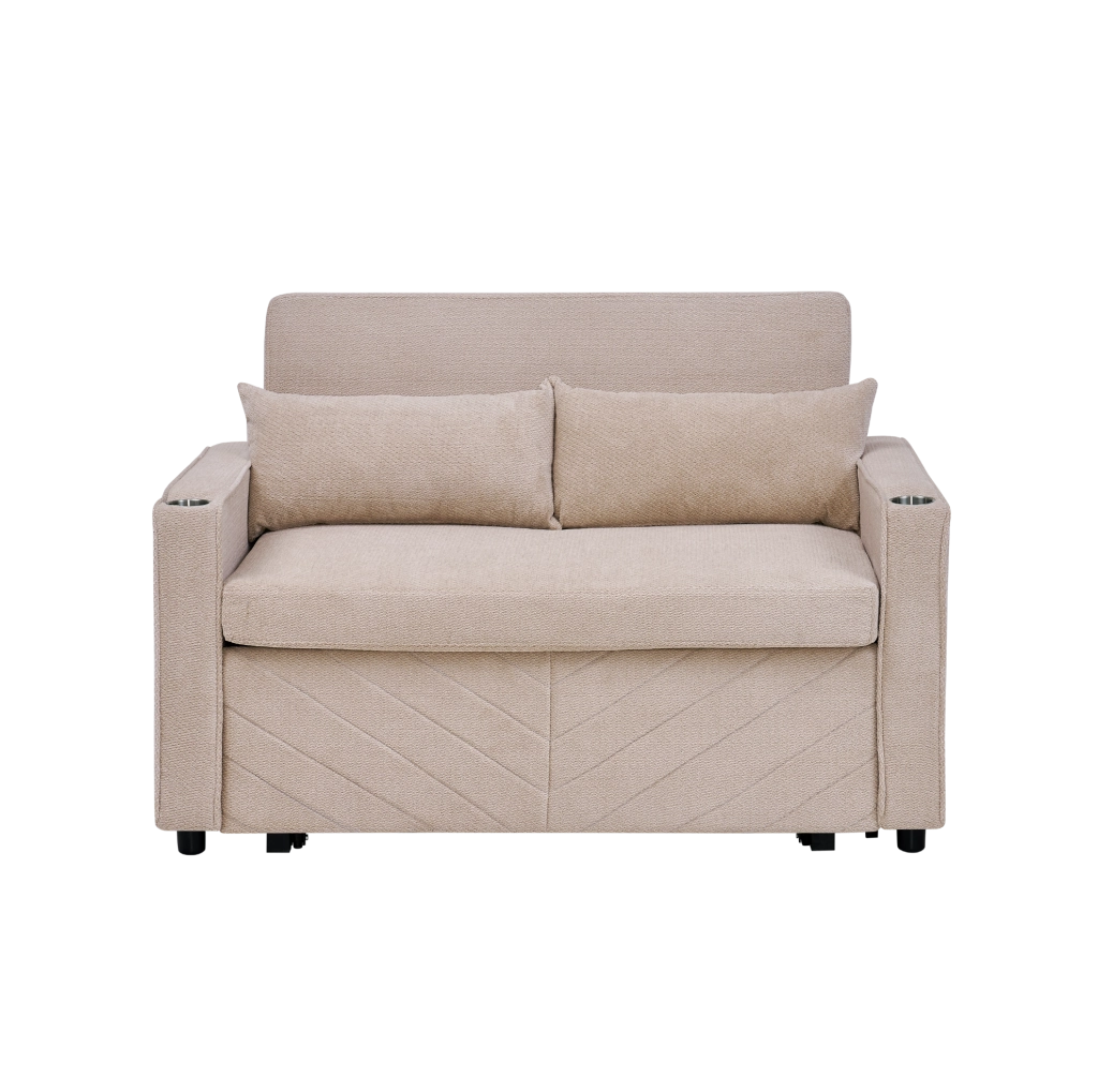 Divano letto 2 posti beige in legno e tessuto; con porte USB