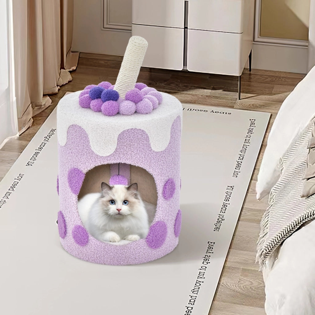 Albero per gatti a forma di bubble tea, Mobile per gatti con tiragraffi in sisal palline appese Viola-Alberi Tiragraffi