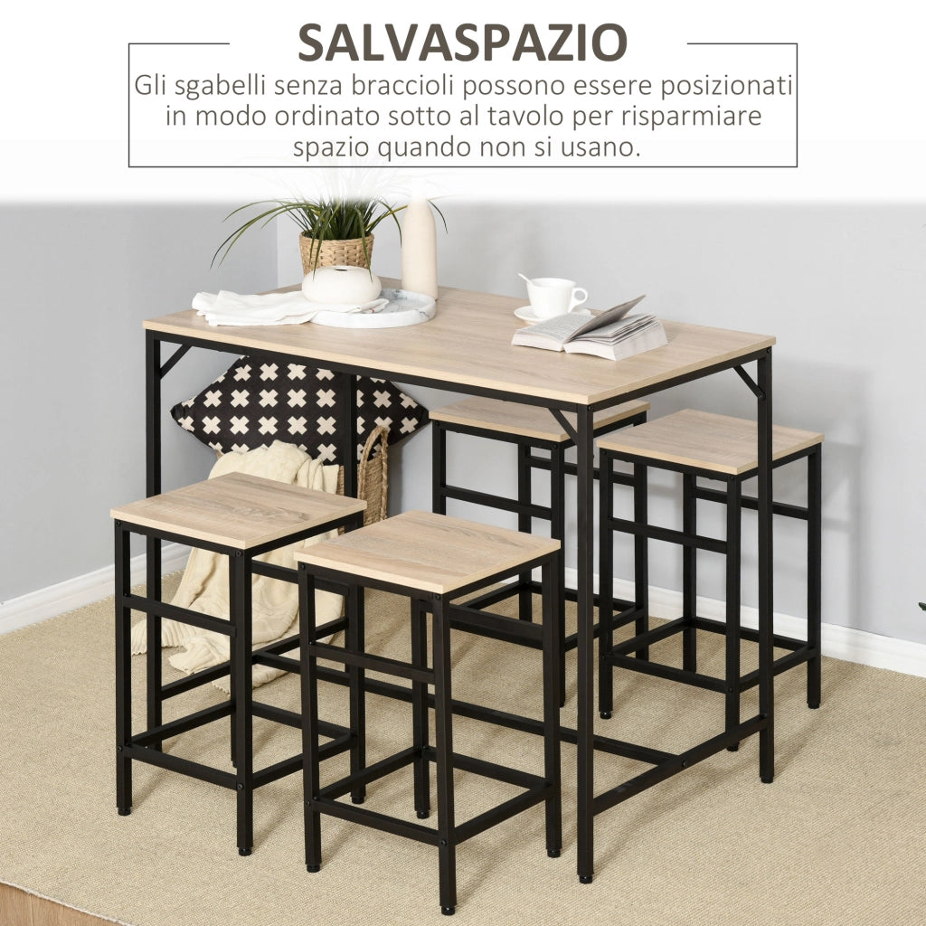 Set Tavolo Alto con 4 Sgabelli Stile Industriale in Metallo e Legno, Rovere Chiaro