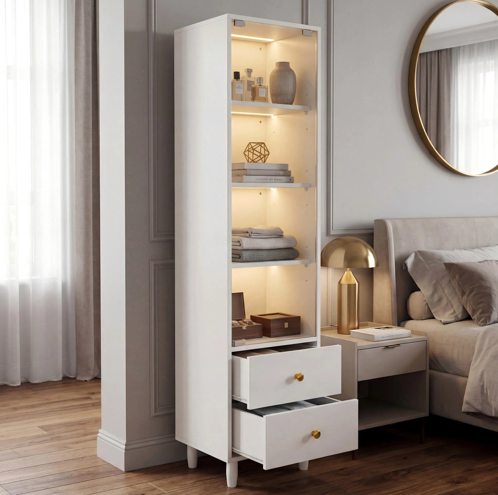 Vetrina alta bianca con LED, ante in vetro e 2 cassetti