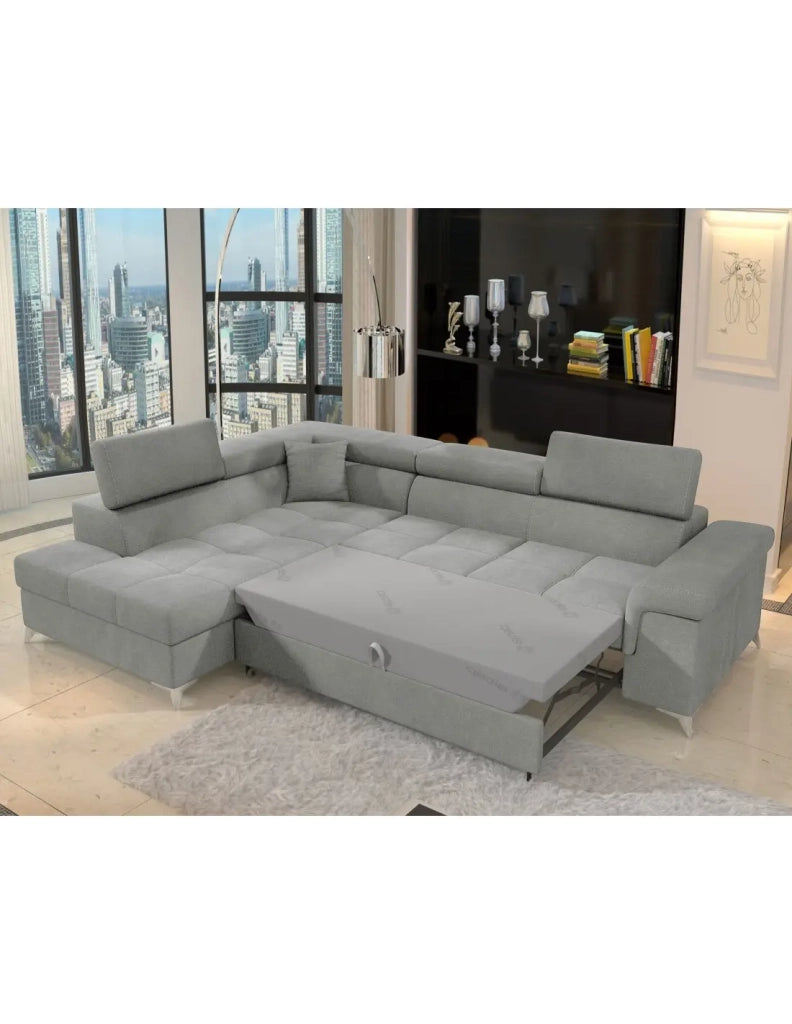 Divano ad angolo convertibile PALAZZO 4 posti grigio chiaro – angolo sinistro con contenitore