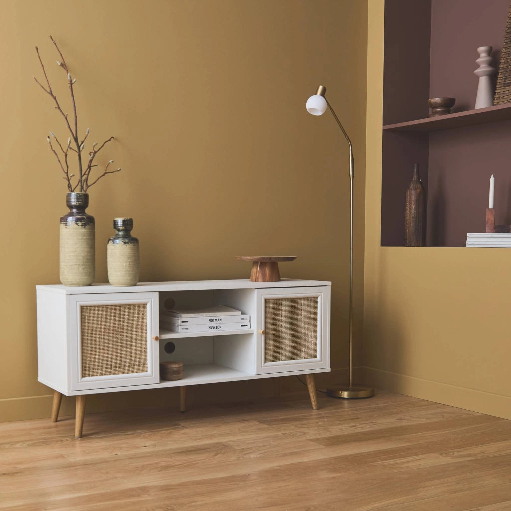 Mobile tv in cannage 2 livelli, 120cm, bianco