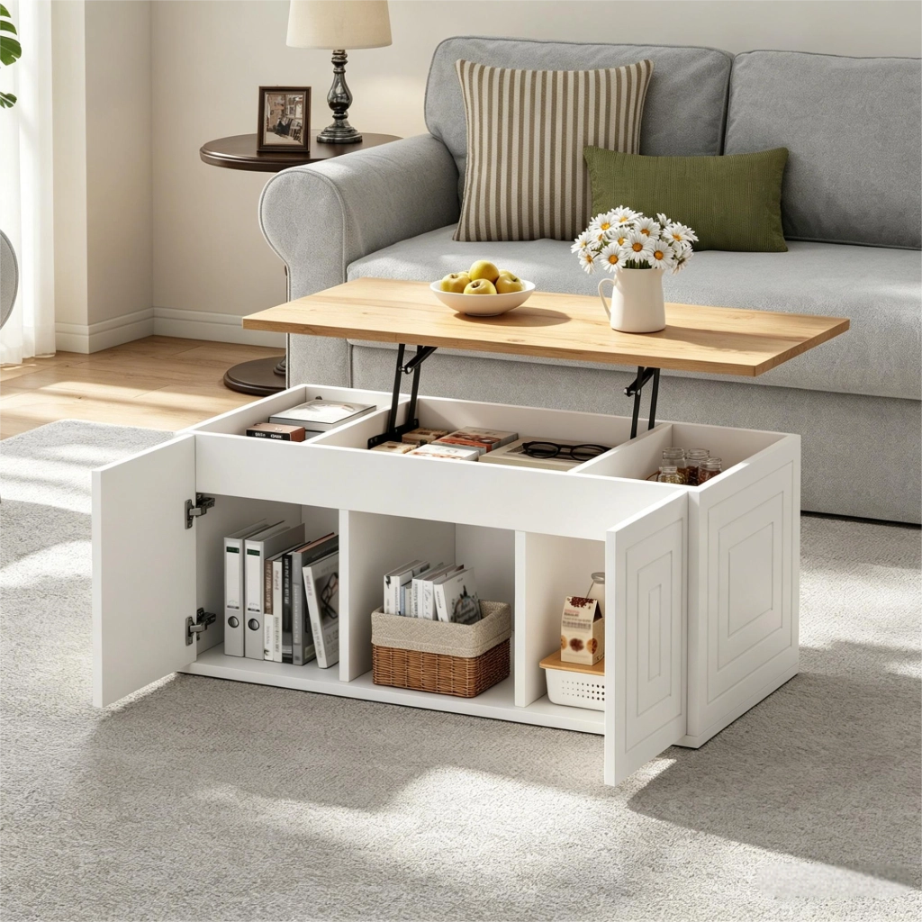 Tavolino basso sollevabile con 2 ante e 6 vani, per soggiorno, in pannello truciolare, bianco e naturale 46 × 95 × 45 cm