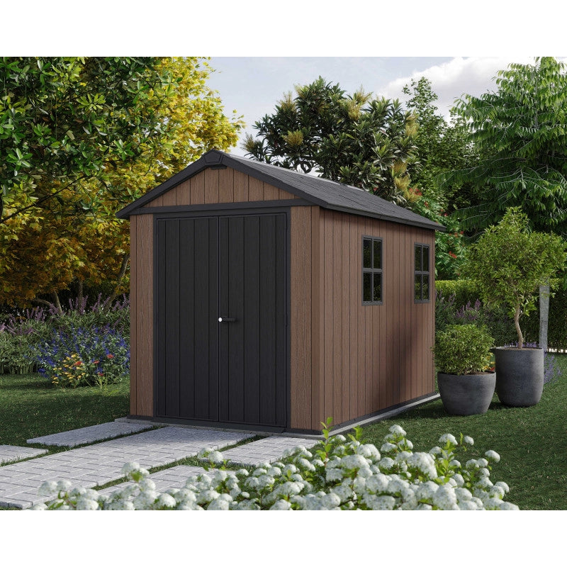 Casetta da giardino in resina EVOTECH+ 287x230 cm - con pavimento e doppia porta - carico neve 150 kg/m² – Newton Plus 759/975 - Marrone - Keter