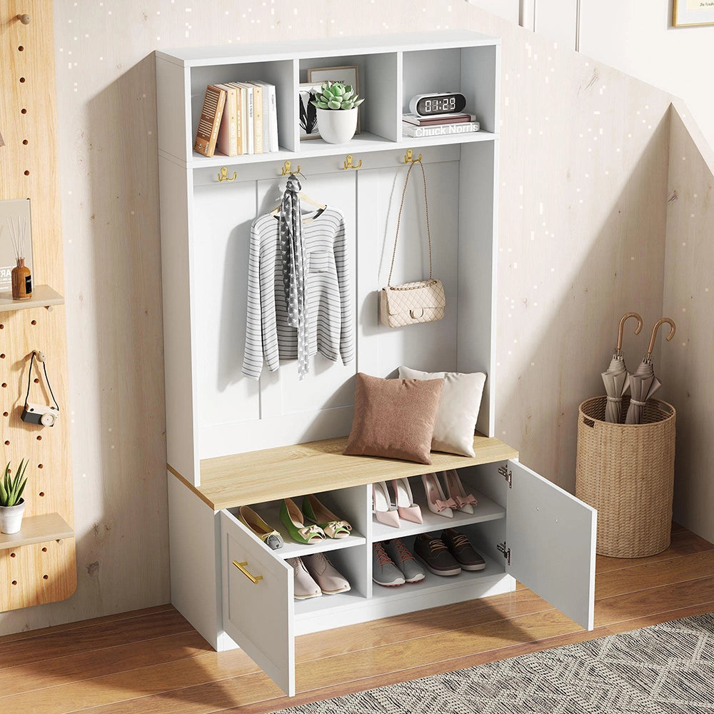 Vestiaire con panchina - Xylo - 105¡Á40¡Á180 cm - Naturale e bianco - 4 ganci e 2 porte