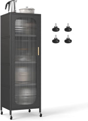 Mobile da Cucina in Metallo a 5 Ripiani, Credenza Salvaspazio con Mensole Regolabili 4 Ruote, Base Intercambiabile e Porta Semitrasparente, Organizzatore per Sala da Pranzo, Soggiorno (Nero)