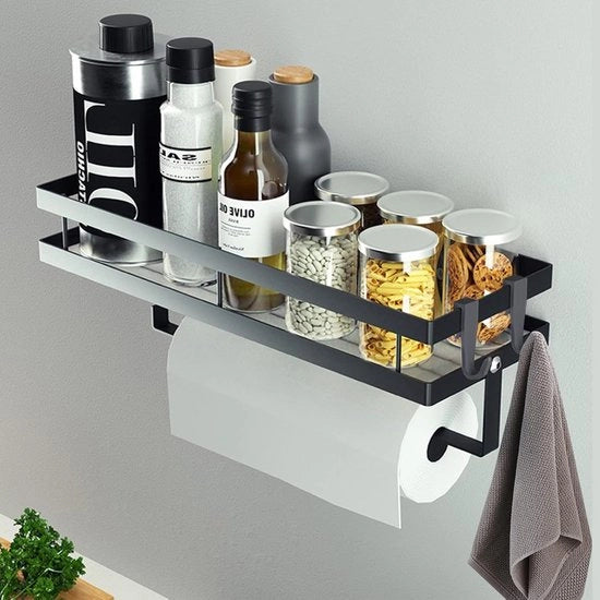 Kruidenrek con Supporto per Cucina - Cucina Wandrek senza Foratura - 1 pezzo - Nero - 35 cm