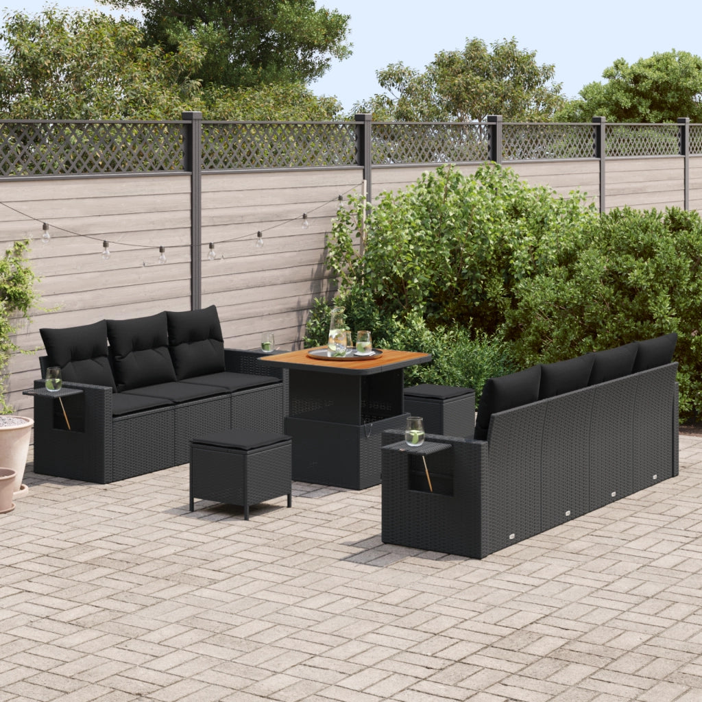 Set Divano da Giardino  da 10 pezzi con Cuscini Rattan Polyrattan Nero Acacia