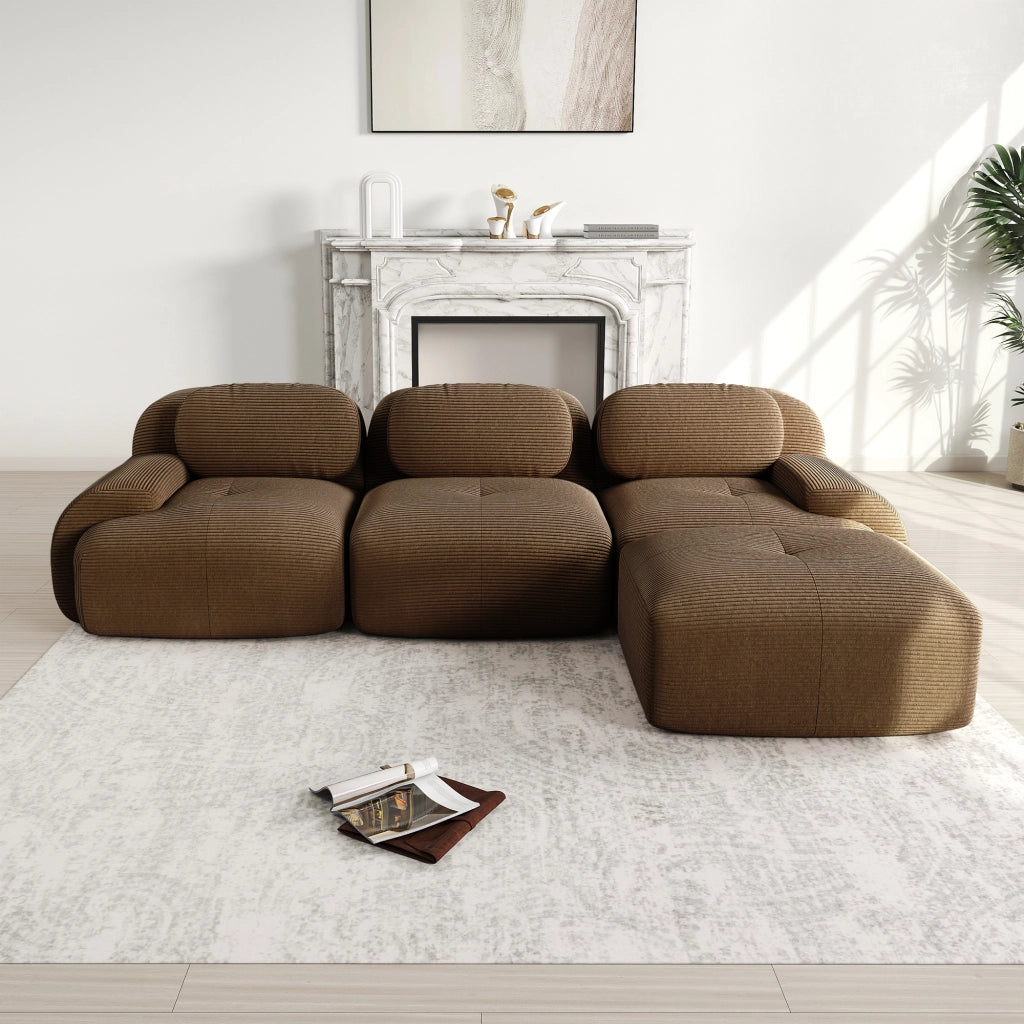 divano angolare modulare senza montaggio; design ergonomico con braccioli curvi; velluto a coste marrone