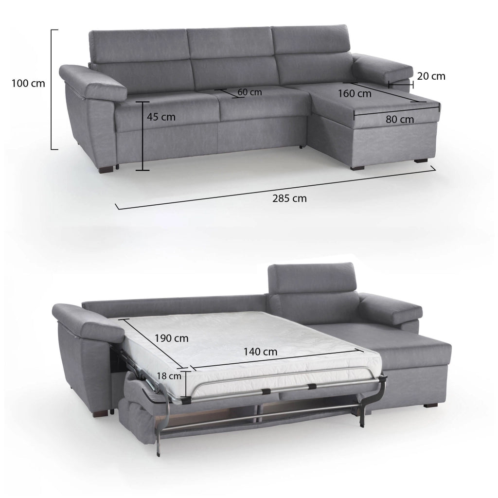 Tolle, Divano Letto con Penisola Sfoderabile Made in Italy, 285x160 cm Grigio