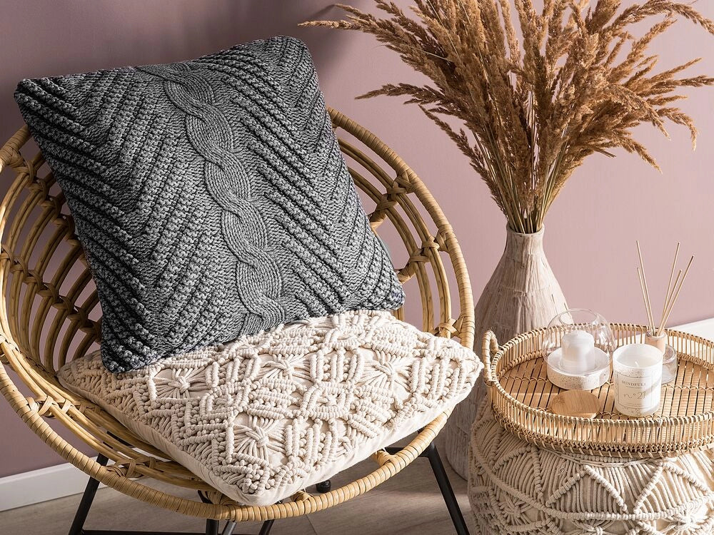 Cuscino decorativo grigio lavorato a maglia 45 x 45 cm uncinetto Boho Retro Decor accessori