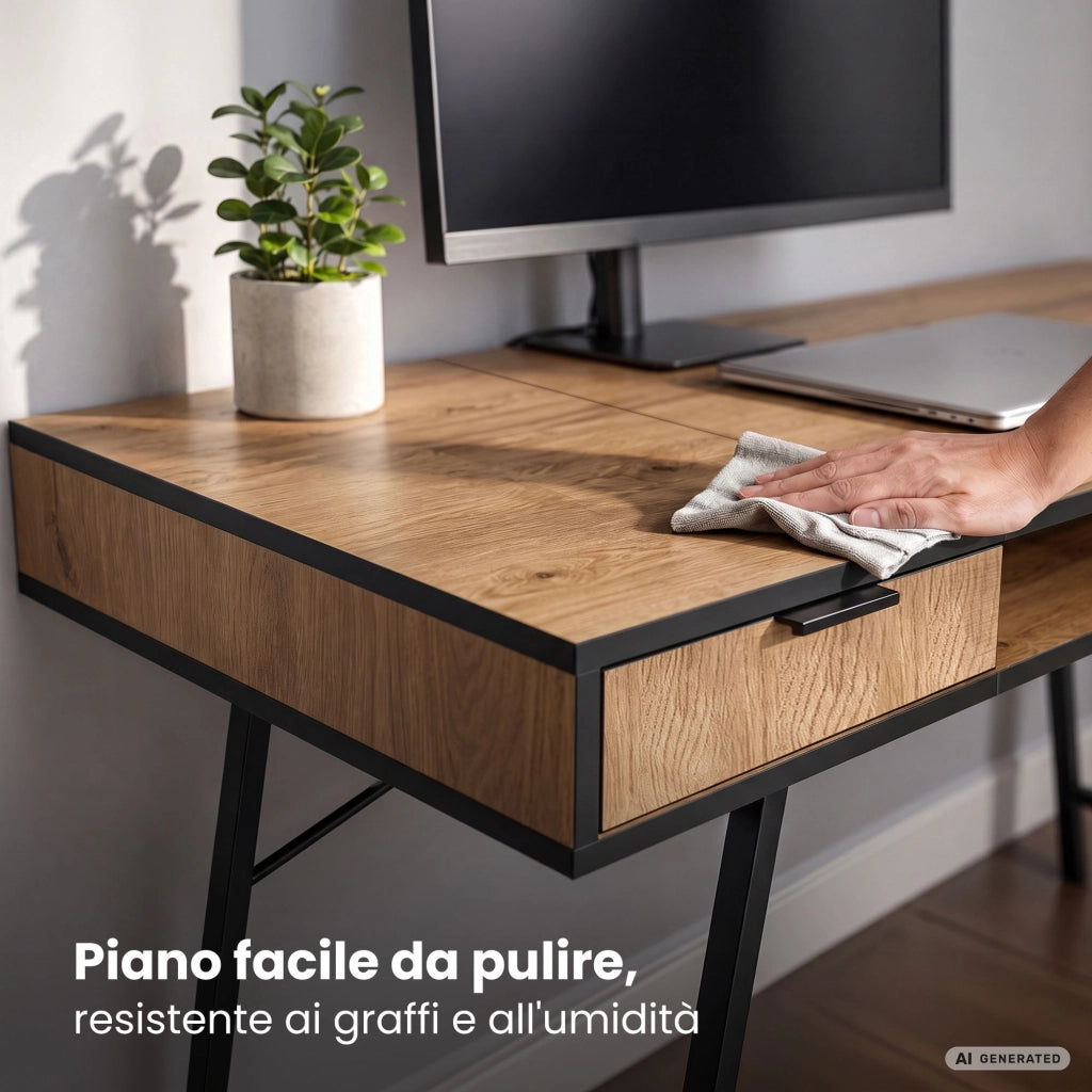 Scrivania industriale per computer Rovere Craft ARDEN 120 cm 2 cassetti 1 ripiano gambe nere