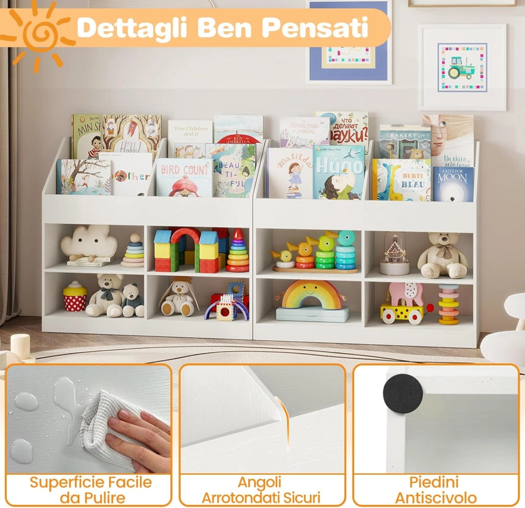 Libreria Montessoriana Porta Libri per Bambini, Scaffale Multifunzione con 4 Cubi e 4 Scomparti, Anti-ribaltamento, Salvaspazio per Cameretta e Stanza dei Giochi, 90x34x80 cm (Bianco)