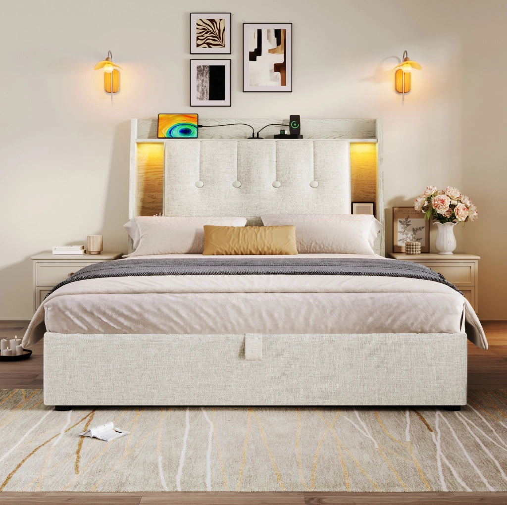 Letto imbottito 90x200 cm beige con LED, USB-C e vano contenitore